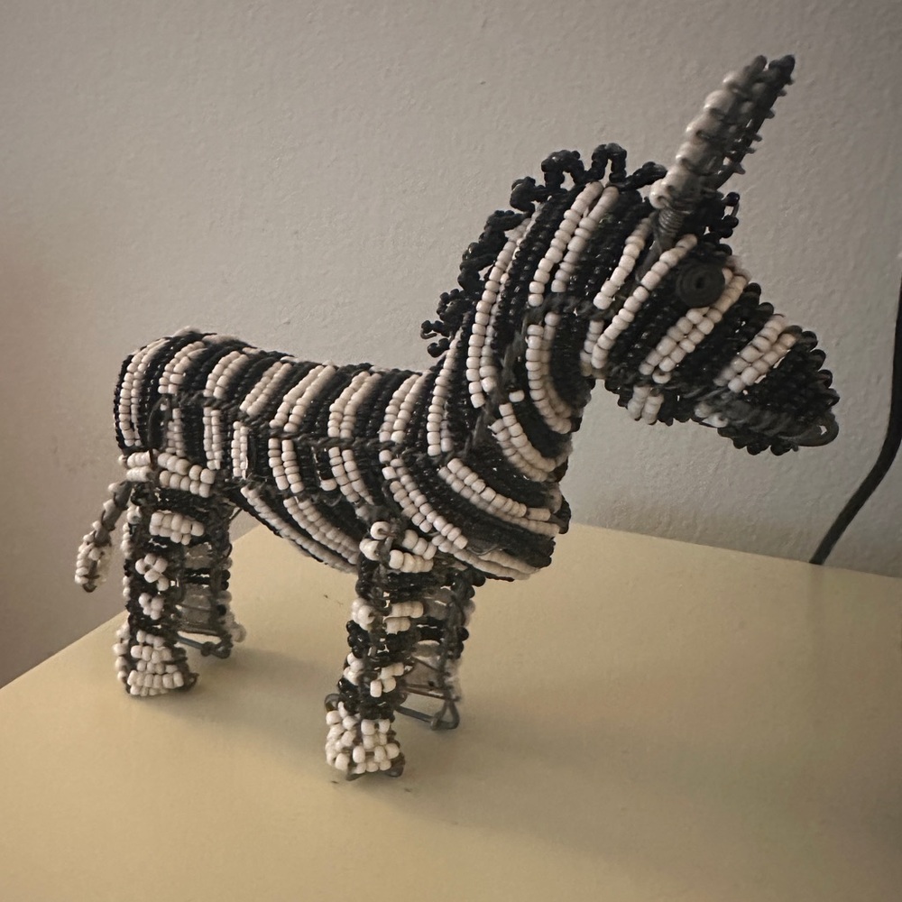 Handmade beaded wire zebra sculpture